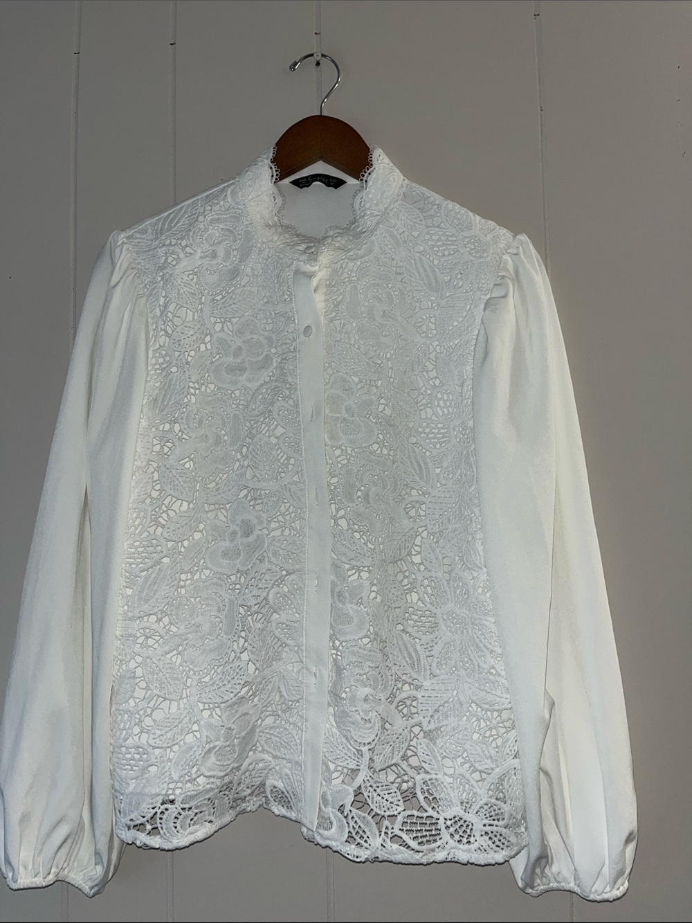 Simple White Lace High-Neck Button Blouse